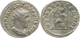 Römer 
Kaiserreich
Philippus I. Arabs, 244-249
Antoninian
244-247
Rom

Vs: Drapiertes Brustbild mit Strahlenkrone n. r., Umschrift IMP M IVL PH...