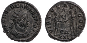 Römer 
Kaiserreich
Carinus, 283-285
Antoninian

Antiochia.

Vs: Brustbild mit Panzer und Strahlenkrone n. r., Umschrift IMP C M AVR CARINVS P F...
