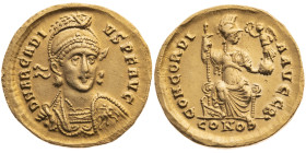 Römer 
Kaiserreich
Arcadius, 383-408
Solidus
397-402
Constantinopolis Off. B

Vs: Brustbild mit Speer und Schild von vorn, Umschrift
Rs: Const...