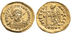 Byzanz 
Kaiserreich
Iustinianus I., 527-565
Solidus
527-537
Thessalonica

Vs: Brustbild von vorn mit Globus, Umschrift
Rs: Victoria stehend n....