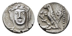 GREEK COINS
CILICIA. Uncertain.(4th century BC).Obol.
Obv : Facing head of Herakles, wearing lion skin.
Rev : Eagle standing left on horned head of...