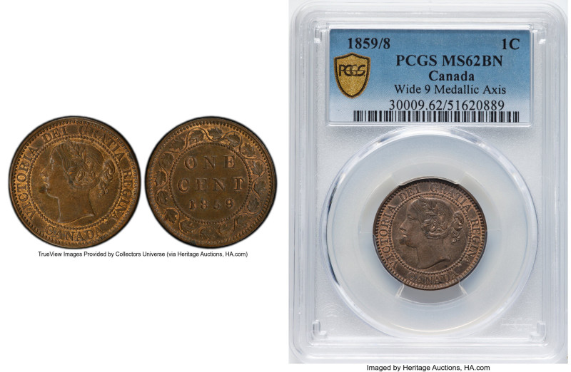 Victoria Cent 1859/8 MS62 Brown PCGS, London mint, KM1. Wide 9. Medallic Alignme...
