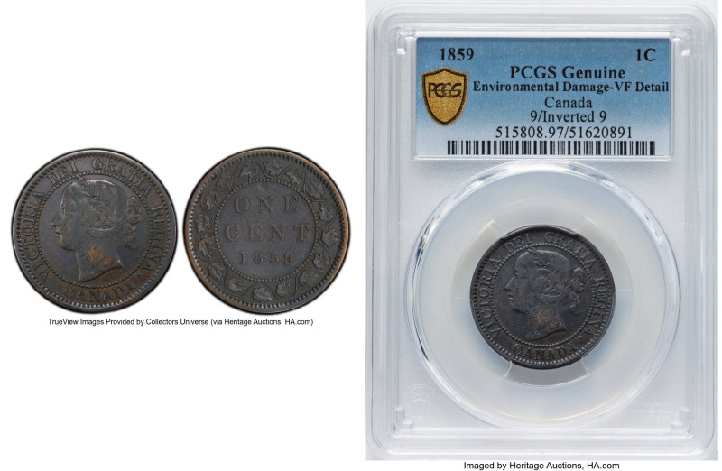 Victoria "9 over Inverted 9" Cent 1859 VF Details (Environmental Damage) PCGS, L...
