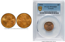George V Cent 1928 MS66 Red PCGS, Ottawa mint, KM28. Highest certified by PCGS, with a wondrously bright hue enveloping the surfaces. A better date th...
