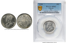 George V "Bar" 25 Cents 1936 MS62 PCGS, Royal Canadian mint, KM24a. "Bar" variety with die crack connecting ribbons on reverse wreath. HID09801242017 ...