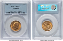 George V gold Sovereign 1911-C MS64 PCGS, Ottawa mint, KM20. HID09801242017 © 2024 Heritage Auctions | All Rights Reserved www.HA.com/TexasAuctioneerL...