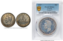 George VI "Pointed 7 - Doubled HP" Dollar 1947 MS61 PCGS, Royal Canadian mint, KM37. Pointed "7" and Doubled "HP" variety. HID09801242017 © 2024 Herit...