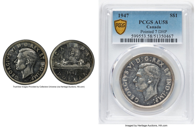 George VI "Pointed 7 - Doubled HP" Dollar 1947 AU58 PCGS, Royal Canadian mint, K...