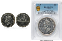 George VI "Pointed 7 - Doubled HP" Dollar 1947 AU58 PCGS, Royal Canadian mint, KM37. Pointed "7" and Double "HP" variety. Scarce type on the cusp on M...