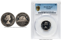Elizabeth II Prooflike 5 Cents 1955 PL67 PCGS, Royal Canadian mint, KM50a. A superior Prooflike coin with praiseworthy reflectivity and unblemished fi...