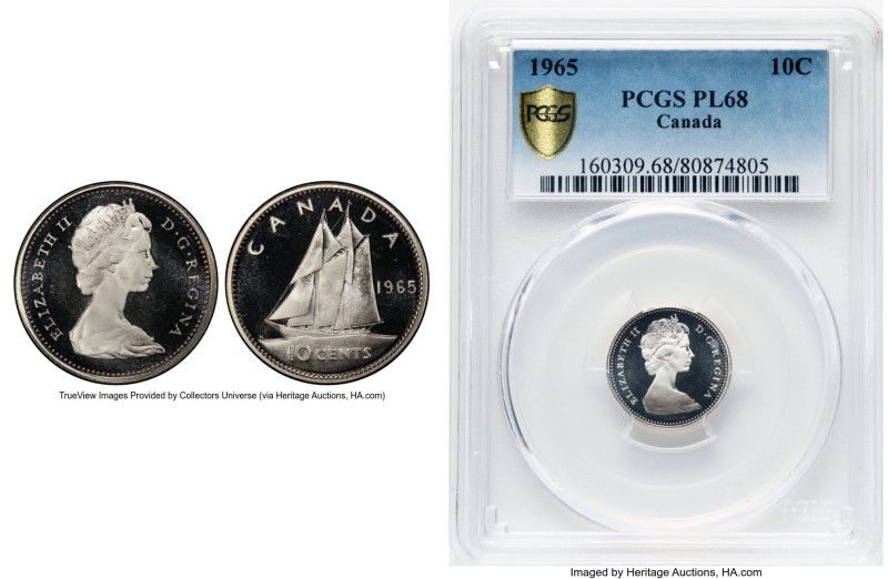 Elizabeth II Prooflike 10 Cents 1965 PL68 PCGS, Royal Canadian mint, KM73. 2nd P...