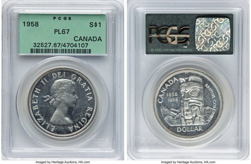 Elizabeth II Prooflike Dollar 1958 PL67 PCGS, Royal Canadian mint, KM55. British...