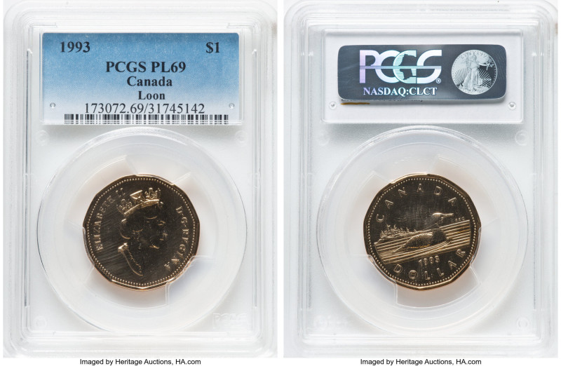 Elizabeth II Prooflike "Loon" Dollar 1993 PL69 PCGS, Royal Canadian mint, KM186....