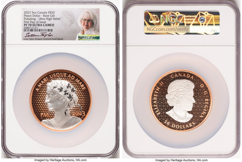 Elizabeth II gilt-rose silver Proof Ultra High Relief "Peace Dollar - Pulsating"...