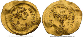 Justin I (AD 518-527). AV tremissis (16mm, 1.37 gm, 6h). NGC Choice XF 4/5 - 2/5, wavy flan, clipped, brushed. Constantinople. D N IVSTI-NVS PP AVG, p...