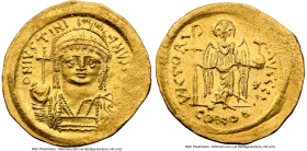 Justinian I the Great (AD 527-565). AV solidus (20mm, 4.46 gm, 7h). NGC MS 4/5 - 3/5, brushed, clipped. Constantinople, 1st officina, ca. AD 545-565. ...