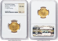 Justinian I the Great (AD 527-565). AV solidus (21mm, 7h). NGC Choice AU. Constantinople, 4th officina, ca. AD 545-565. D N IVSTINI-ANVS PP AVG, pearl...