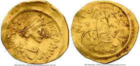 Justinian I the Great (AD 527-565). AV semissis (17mm, 6h). NGC Choice VF, wrinkled, scratches, clipped. Constantinople. D N IVSTINI-ANVS PP AVG, pear...