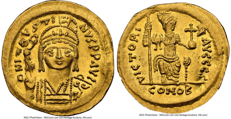Justin II (AD 565-578). AV solidus (20mm, 4.41 gm, 5h). NGC MS 5/5 - 3/5, wavy f...