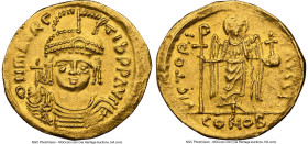 Maurice Tiberius (AD 582-602). AV solidus (22mm, 4.53 gm, 7h). NGC AU 4/5 - 4/5. Constantinople, 10th officina, AD 583-601. o N mAVRC-TIb PP AV, pearl...