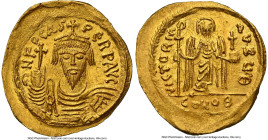 Phocas (AD 602-610). AV solidus (24mm, 4.51 gm, 7h). NGC MS 4/5 - 4/5, die shift. Constantinople, 9th officina, AD 607-610. D N FOCAS-PЄRP AVG, draped...