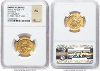 Phocas (AD 602-610). AV solidus (22mm, 7h). NGC AU. Constantinople, 10th officina, AD 607-610. D N FOCAS-PЄRP AVG, draped, cuirassed bust of Phocas fa...