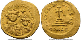 Heraclius with Heraclius Constantine (AD 613-641). AV solidus (22mm, 4.36 gm, 6h). NGC VF 5/5 - 2/5, wrinkled, graffito, edge cut. Constantinople, 5th...