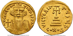 Constans II Pogonatus (AD 641-668). AV solidus (20mm, 4.38 gm, 7h). NGC Choice XF 5/5 - 4/5, marks, clipped. Constantinople, 6th officina, ca. AD 649/...