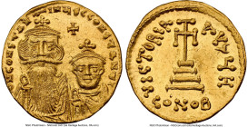 Constans II Pogonatus with Constantine IV (AD 654-668). AV solidus (19mm, 4.50 gm, 7h). NGC MS 5/5 - 3/5, brushed, edge scuff. Constantinople, 8th off...