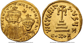Constans II Pogonatus with Constantine IV (AD 654-668). AV solidus (20mm, 4.41 gm, 6h). NGC MS 5/5 - 3/5, brushed, clipped. Constantinople, 7th offici...
