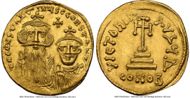 Constans II Pogonatus with Constantine IV (AD 654-668). AV solidus (20mm, 4.45 gm, 6h). NGC MS 5/5 - 3/5, brushed, clipped. Constantinople, 4th offici...