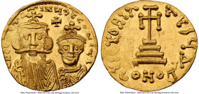 Constans II Pogonatus with Constantine IV (AD 654-668). AV solidus (20mm, 4.44 gm, 7h). NGC MS 4/5 - 3/5, brushed. Constantinople, 4th officina, ca. 6...