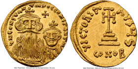 Constans II Pogonatus with Constantine IV (AD 654-668). AV solidus (19mm, 4.54 gm, 6h). NGC MS 5/5 - 2/5, graffito, brushed. Constantinople, 6th offic...