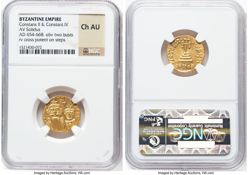 Constans II Pogonatus with Constantine IV (AD 654-668). AV solidus (19mm, 6h). N...