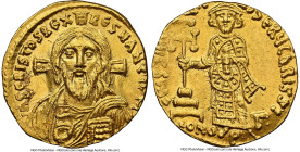 Justinian II, First Reign (AD 685-695). AV solidus (19mm, 4.42 gm, 7h). NGC MS 4/5 - 4/5. Constantinople, 7th officina, AD 692-695. IhS CRIStDS RЄX-RЄ...