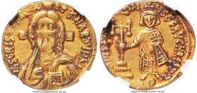 Justinian II, First Reign (AD 685-695). AV solidus (19mm, 4.41 gm, 7h). NGC Choice VF 4/5 - 1/5, scratches, graffito, brushed. Constantinople, 7th off...