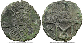 Constantine VI and Irene (AD 780-797). AE follis (17mm, 6h). NGC XF. Constantinople. Bust of Irene facing, wearing crown with four pinnacles and pendi...