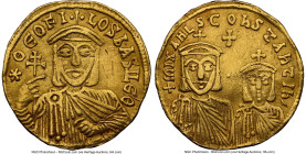 Theophilus (AD 829-842). AV solidus (20mm, 4.27 gm, 7h). NGC VF 5/5 - 2/5, smoothing, clipped, brushed, bent. Constantinople, AD 830/1-840. *ΘЄOFI-LOS...