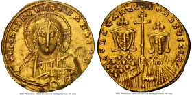 Constantine VII Porphyrogenitus and Romanus II (AD 945-963). AV solidus (20mm, 4.35 gm, 6h). NGC AU 4/5 - 3/5, flan flaw. Constantinople, AD 950-955. ...