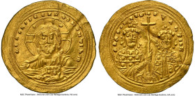 Basil II Bulgaroctonos with Constantine VIII (AD 976-1025). AV histamenon nomisma (20mm, 4.41 gm, 6h). NGC Choice AU 5/5 - 1/5, straightened, marks. C...