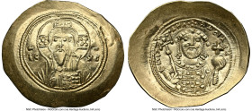 Michael VII Ducas (AD 1071-1078). AV/EL histamenon nomisma scyphate (29mm, 4.41 gm, 6h). NGC MS 4/5 - 5/5, die shift. Constantinople. Bust of Christ f...