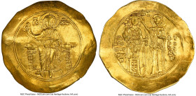 John II Comnenus (AD 1118-1143). AV hyperpyron (30mm, 6h). NGC AU, wrinkled, graffito. Constantinople. Christ seated facing on backless throne, wearin...