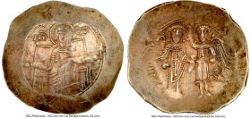 Isaac II Angelus (AD 1185-1195). EL aspron trachy (28mm, 3.95 gm, 5h). NGC Choice XF 4/5 - 4/5. Constantinople. Virgin Mary, nimbate, enthroned facing...