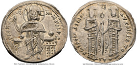Andronicus II Palaeologus and Michael IX (AD 1294-1320). Anonymous Issue. AR basilicon (21mm, 6h). NGC Choice XF. Constantinople, AD 1304-1320. BOHΘЄI...