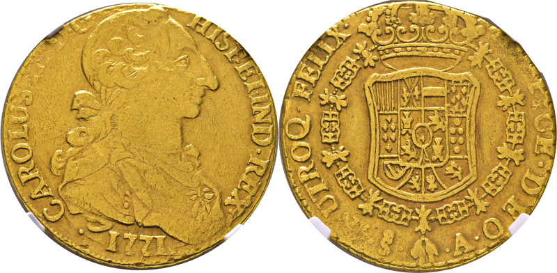 CARLOS III. 8 escudos. Santiago. 1771. A. Puntos flanqueando la ceca y ensayador...