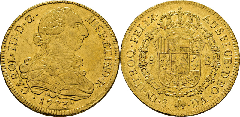 CARLOS III. 8 escudos. Santiago. 1773 parece advertirse alguna rectificación, de...