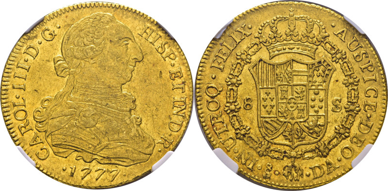 CARLOS III. 8 escudos. Santiago. 1777. DA. Q rectificada sobre Q. Puntos flanque...