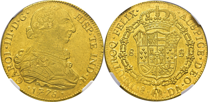 CARLOS III. 8 escudos. Santiago. 1778 un poco tumbado el último dígito. DA recti...