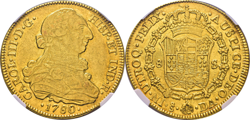 CARLOS III. 8 escudos. Santiago. 1780. DA. El final de la leyenda del reverso se...
