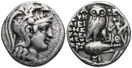 Greek Coins ATTICA. Athens. Tetradrachm (Circa 137/6 BC). Herakleides, Eukles and Timar-, magistrates. Obv: Head of Athena Parthenos right, wearing tr...
